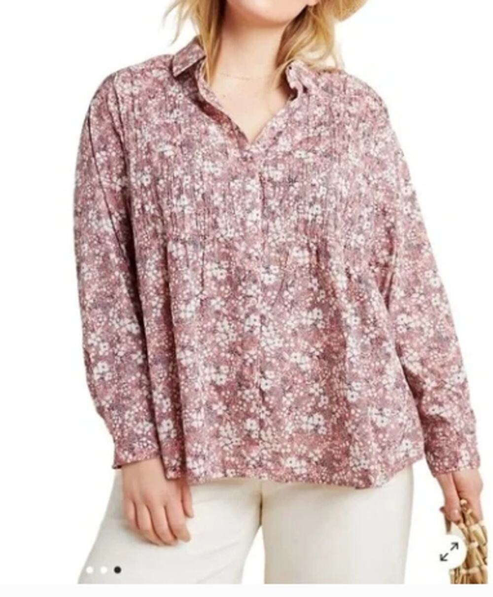 Anthropologie Pilcro Pink Floral Sasha Smocked Button Down Shirt Blouse Size L